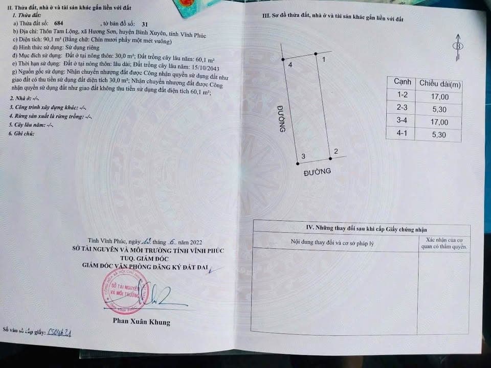 Bán đất Đ. Tam Lộng, X. Hương Sơn, H. Bình Xuyên, T. Vĩnh Phúc