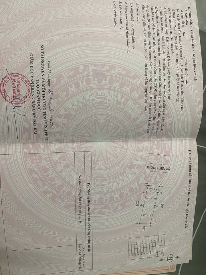 Bán đất H. Lập Thạch, T. Vĩnh Phúc