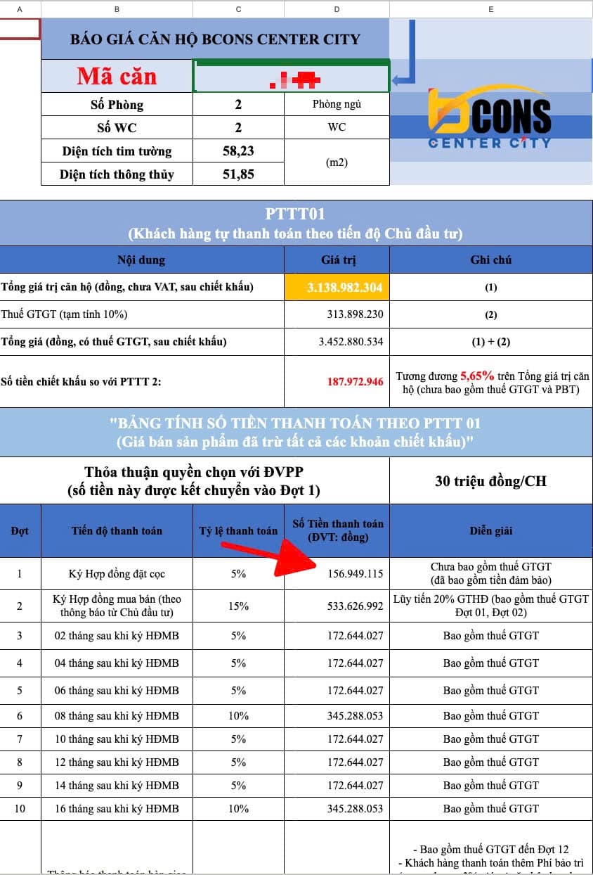 Bán căn hộ chung cư Bcons Center City, Tp. Dĩ An, T. Bình Dương