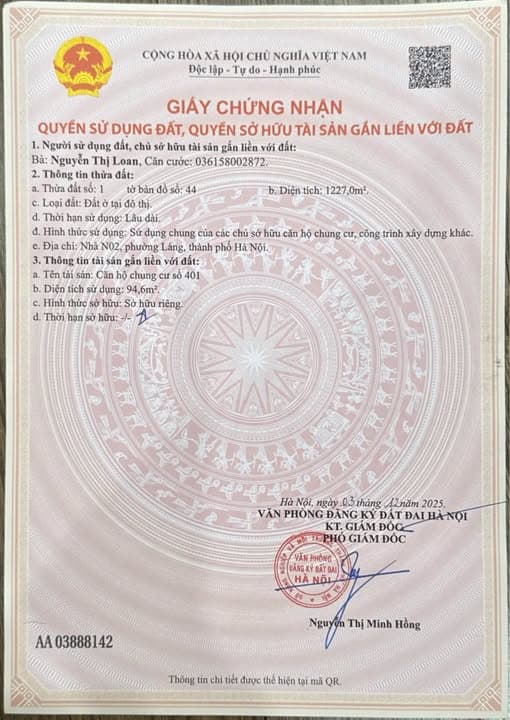 Bán căn hộ chung cư Đ. Huỳnh Thúc Kháng, Q. Hà Đông, Tp. Hà Nội