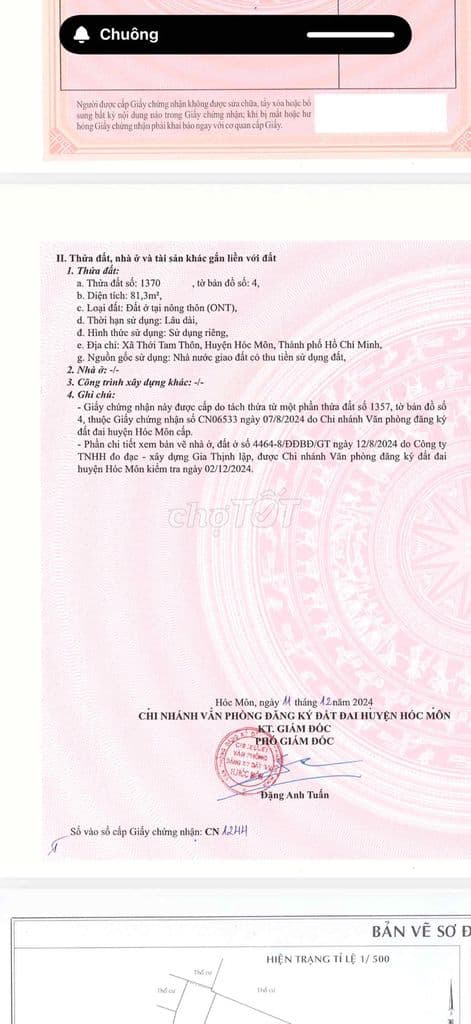 CẦN BÁN ĐẤT THỔ CƯ 94 M KHU DÂN CƯ HIỆN HỮU XÂY DỰNG TỰ DO