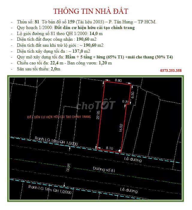 Bán 191m2 đất đường số 81 p. Tân Quy, sau lưng Nguyễn Thị Thập, Lotte