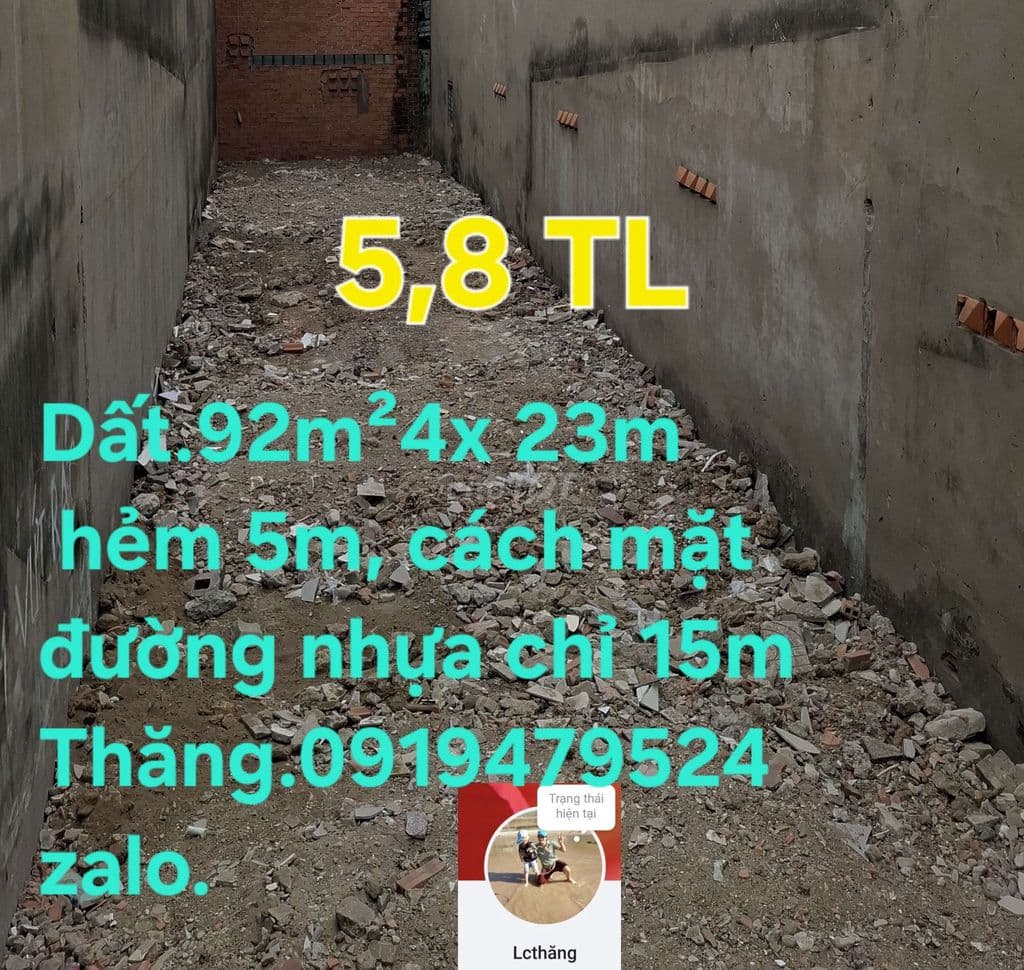 LÔ ĐẤT ĐƯỜNG LÊ TRỌNG TẤN 92M2 - 4X23m, HẺM 5M. 5,8 TỶ- TL
