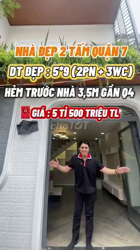 Nhà Quận 7 mới đẹp 2 tấm, 4.6x9m, sổ riêng, hẻm rộng, giá 5 tỷ nhỉnh