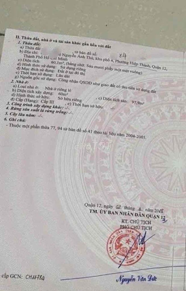 H3M- HIỆP THÀNH CITY- Q12 - 76M2 - 4PN - SHR HOÀN CÔNG- NHỈNH 3 TỶ