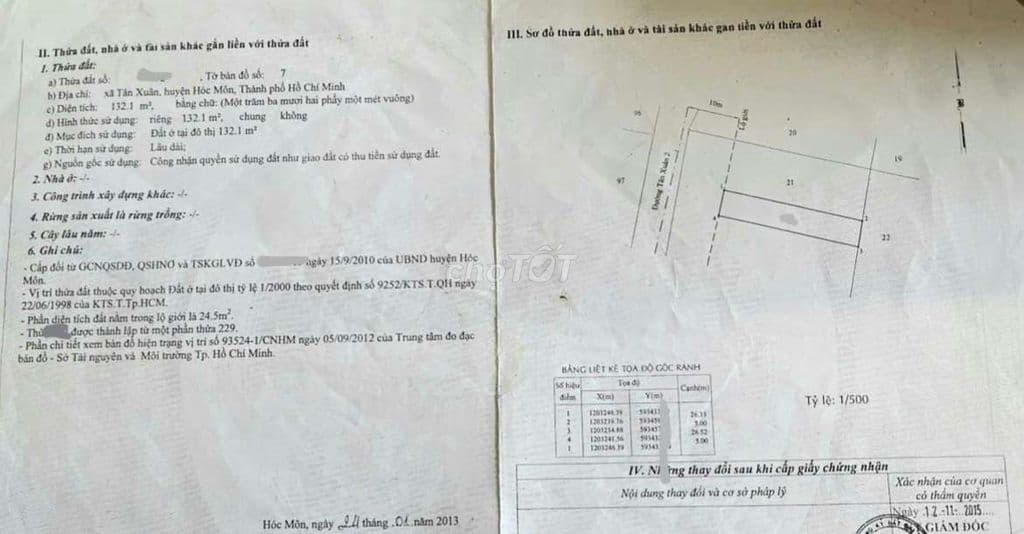 Đất 5 x 26,35m (132m2 Full thổ cư) Mặt tiền Tân Xuân 2 - Gần Tô Ký