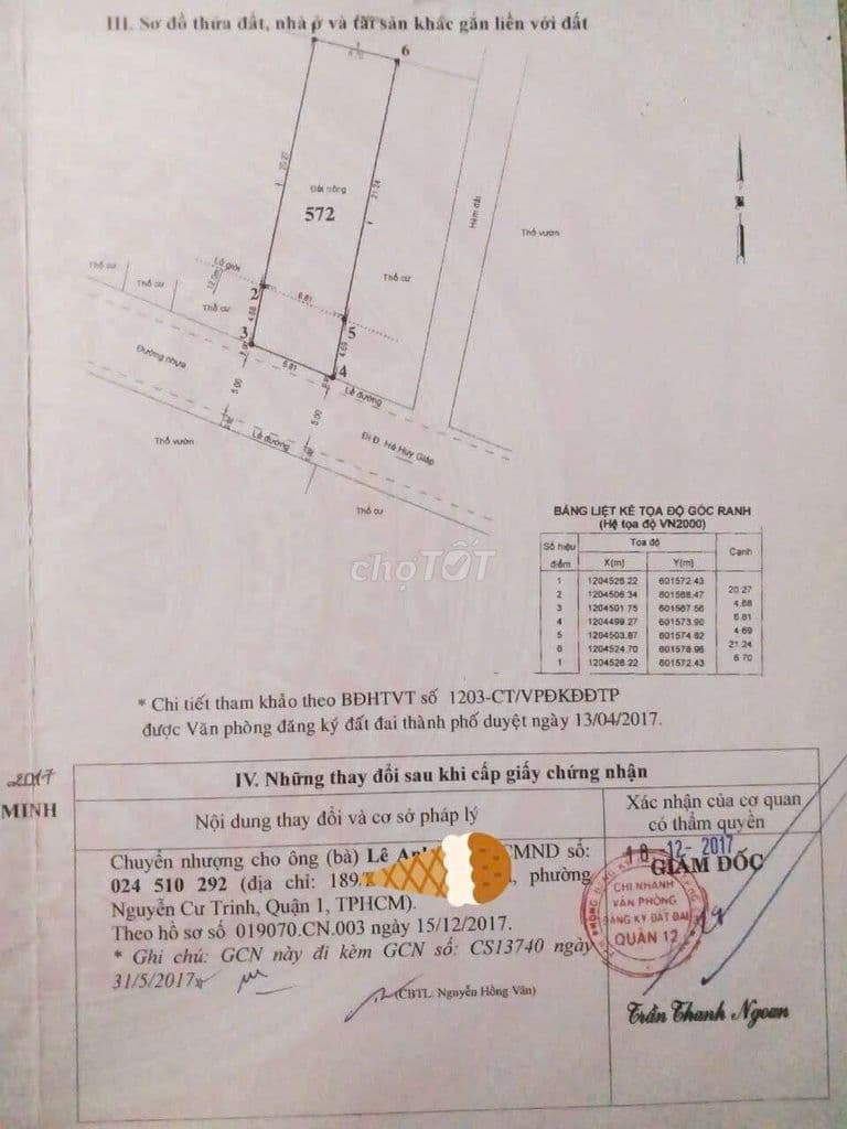 Chính chủ bán lô đất mặt tiền đường TX43 (Q12 cũ), thổ cư 140m2