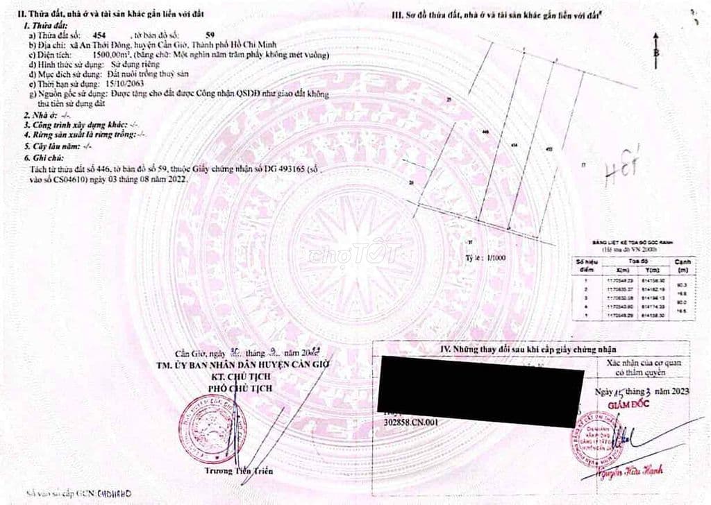 BÁN ĐẤT - XÃ AN THỚI ĐÔNG - 1.500 M2 - Giá 3.468trđ _ Chính chủ