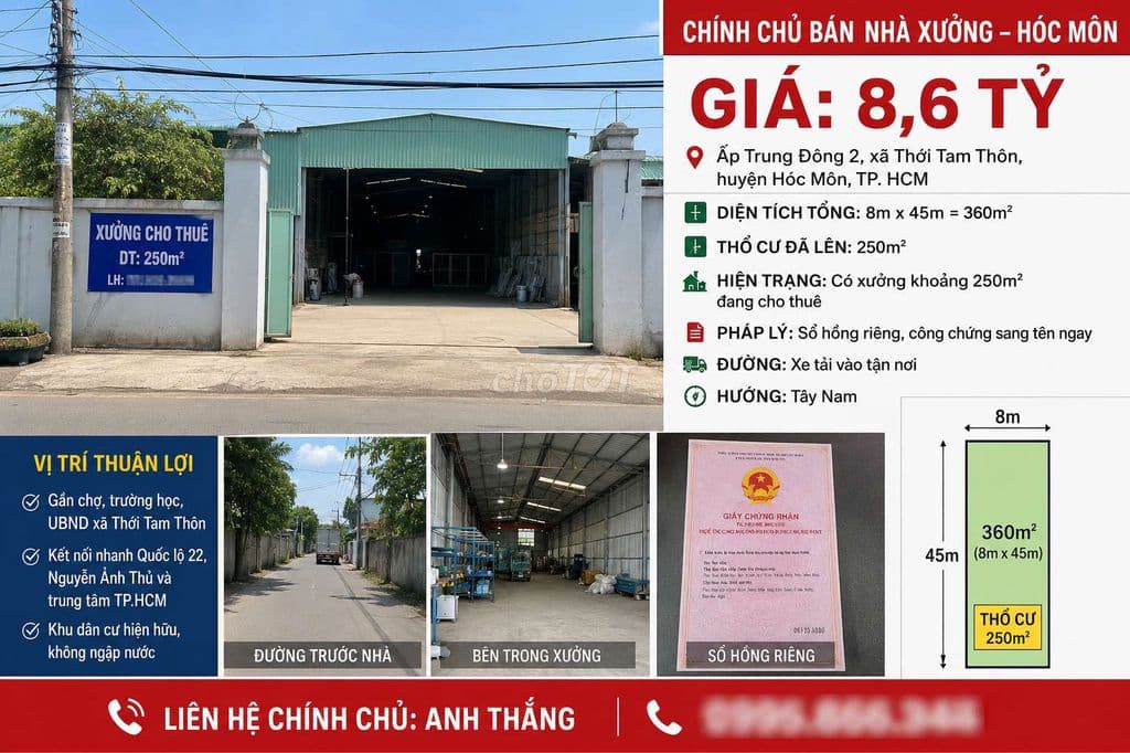 CHÍNH CHỦ BÁN ĐẤT THỔ CƯ + NHÀ XƯỞNG HÓC MÔN – 360m² – GIÁ 8,6 TỶ