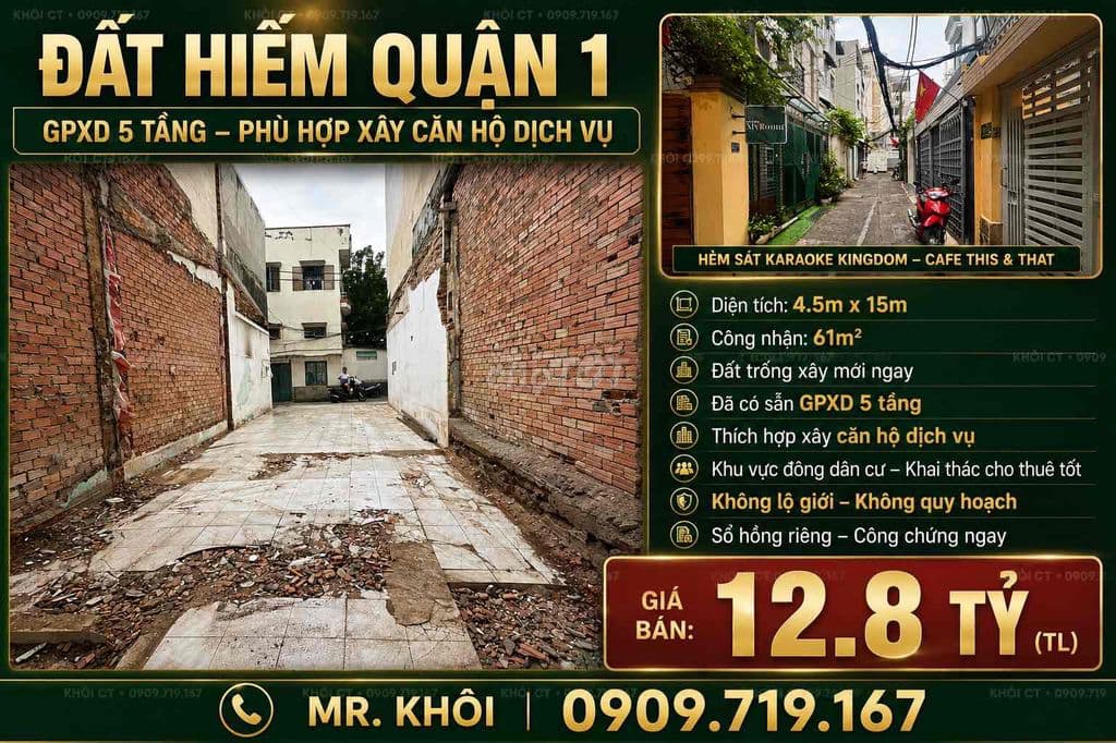 Đất trống: 5x 15 ngay trung tâm Q.1, thuận tiện xây mới.