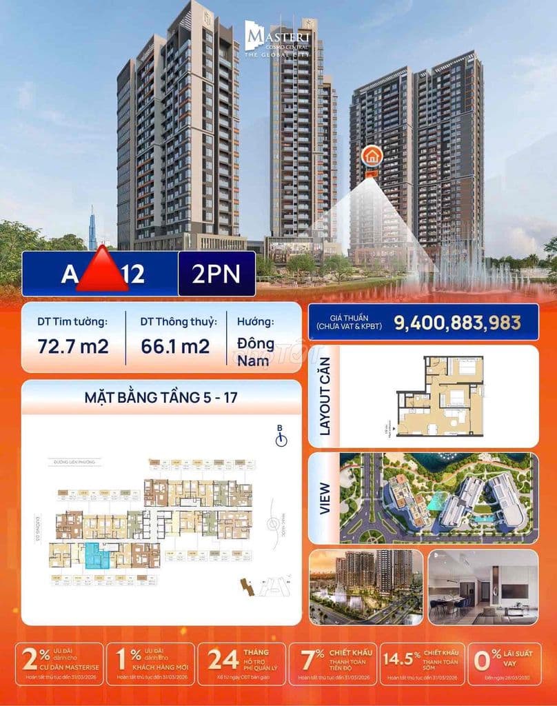 2PN MASTERI COSMO -VIEW NHẠC NƯỚC - ĐÔNG NAM