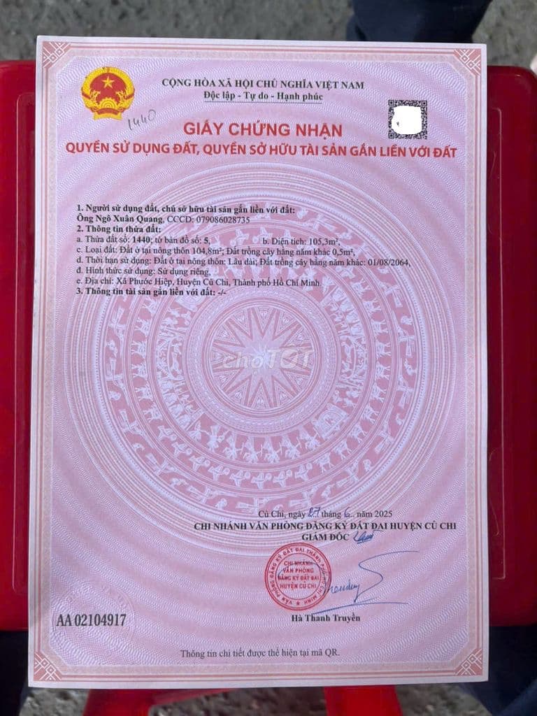 Lô đất vàng! nằm trên Đ Ba Sa xã Phước Hiệp giá 850tr, SHR, DT 105M2 .