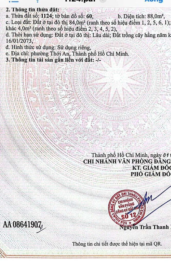 chủ ngộp bán gấp lô đất 88m đường tx 52 phường thạnh xuân