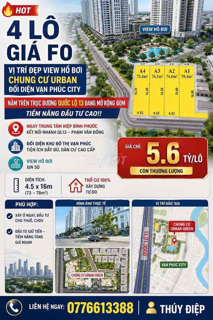 ĐẤT 75M2 ĐỐI DIỆN VẠN PHÚC CITY - CHỈ 3 TỶ 9 (30% HTNH ) SHR