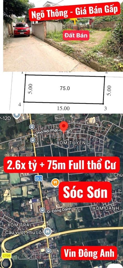 2.6cty 75m full thổ cư gần Q.lộ 3 và ga Tàu điện giáp Đông Anh