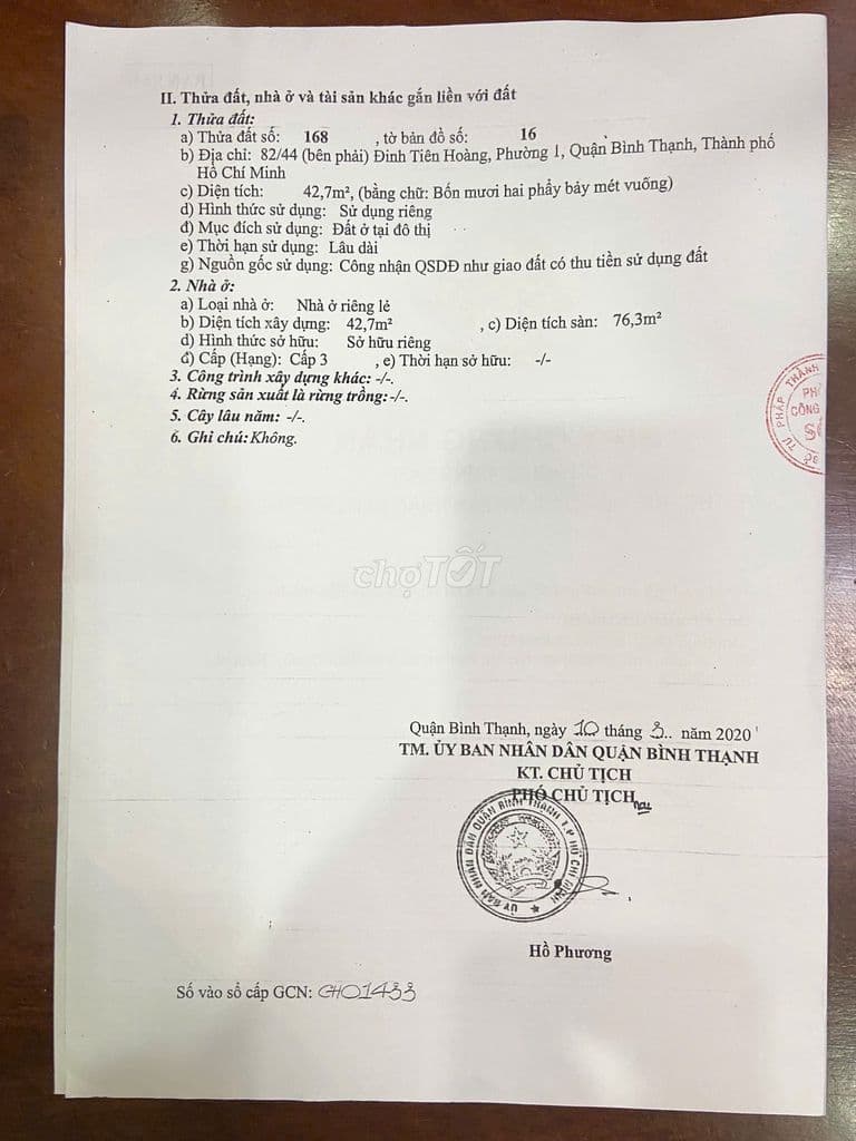 Bán nhà 82/44 Đinh Tiên Hoàng , Quận Bình Thạnh