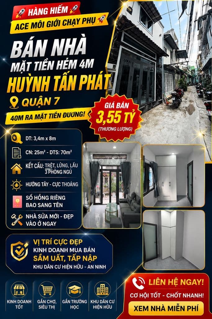 🚀 NHÀ MỚI 3PN 3,4x7m HẺM 4M, CHỈ 40M RA HUỲNH TẤN PHÁT – 3,55 TỶ