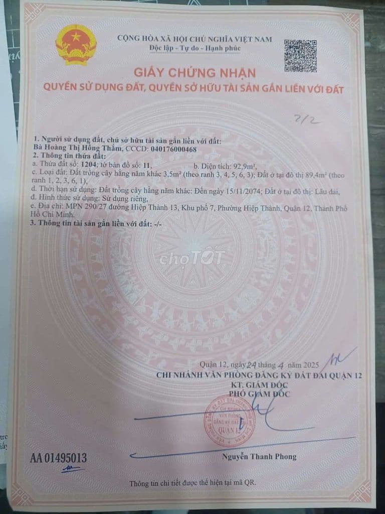 Bán đất 93m2 thổ cư Hiệp Thành