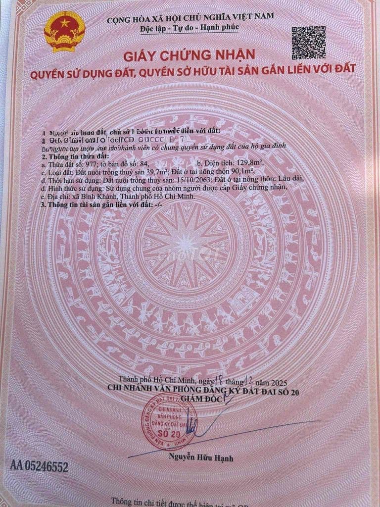 đất nền thổ cư ngay khu Vip xã Bình Khánh