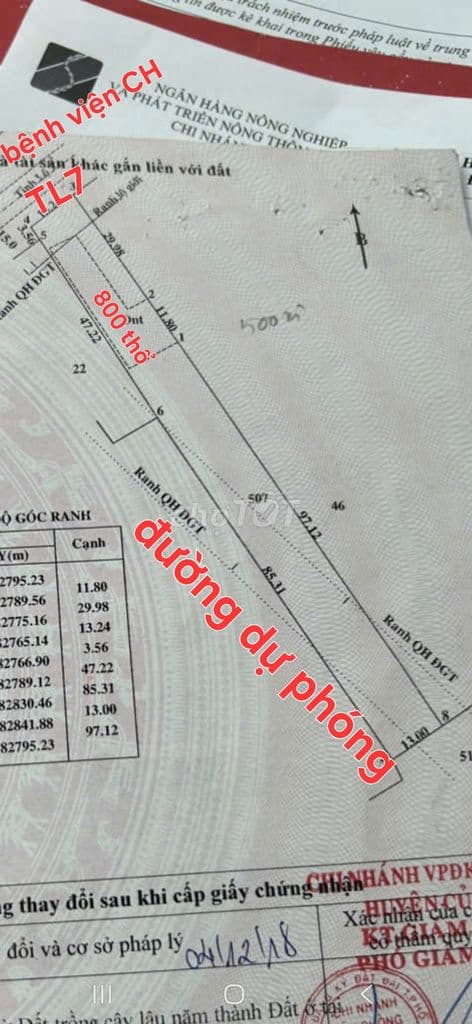 Bán 1.820m2 có 800 thổ, 2MT, TL7, đối diện bện viện Củ Chi