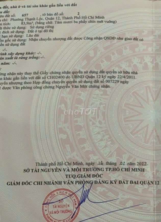 Chính chủ bán lô đất TL54 (P.Thạnh Lộc, Q12 cũ), full thổ cư 5mx17m