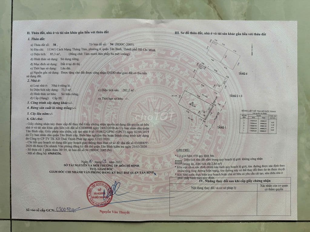 ĐẤT MT TƯƠNG LAI CMT8 Q. TÂN BÌNH , DT 85,3 - DTS : 282m . Giá 24T TL