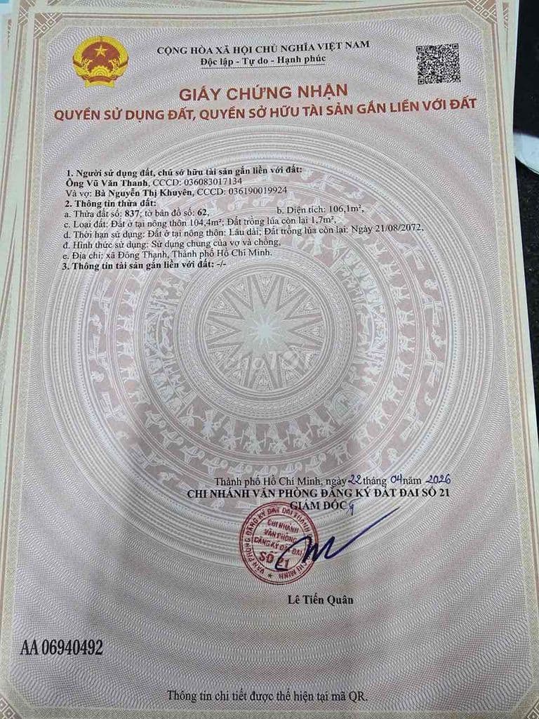 Lô Đất thổ cư 5 x 22 , đường 8m, cách Ngã 3 Đông Quang Q12 500m