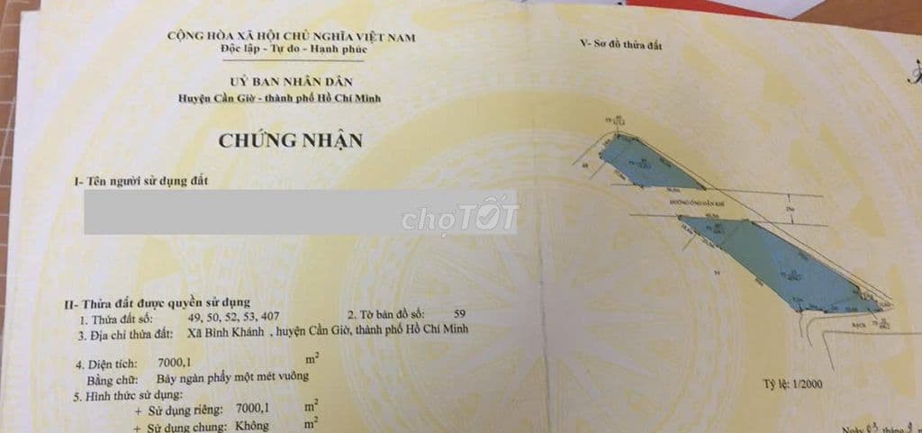 KẸT TIỀN BÁN ĐẤT XÃ BÌNH KHÁNH, HUYỆN CẦN GIỜ, TPHCM 5,8 TỶ