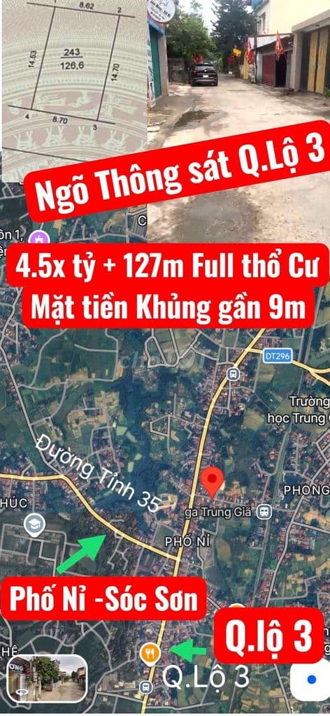 Hơn 4ty 127m full thổ cư mặt tiền khủng gần 9m sát ngay Q.Lộ 3 Phố Nỉ