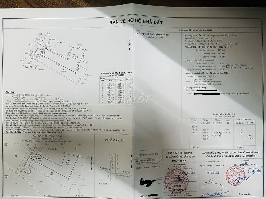 Bán 2 lô đất nở hậu L, 283m và 260m, 1 sẹc Tân Hiệp 4, sát thị trấn HM