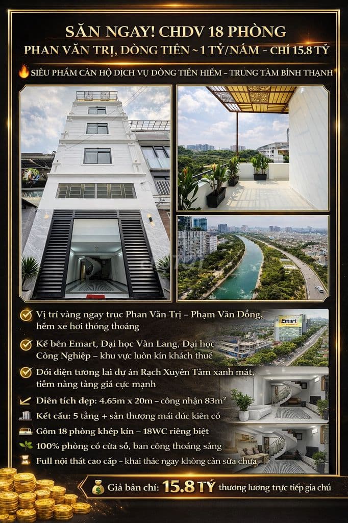 CHDV dòng tiền gần 1 tỷ/năm Bình Thạnh - 90m2 5 tầng 18P - 15.8 Tỷ