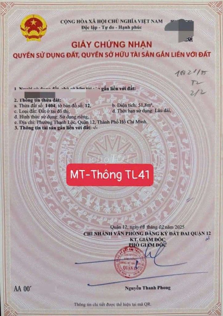 Bán lô đất MT kênh TL41 Q12.DT:5x14m đường 8m