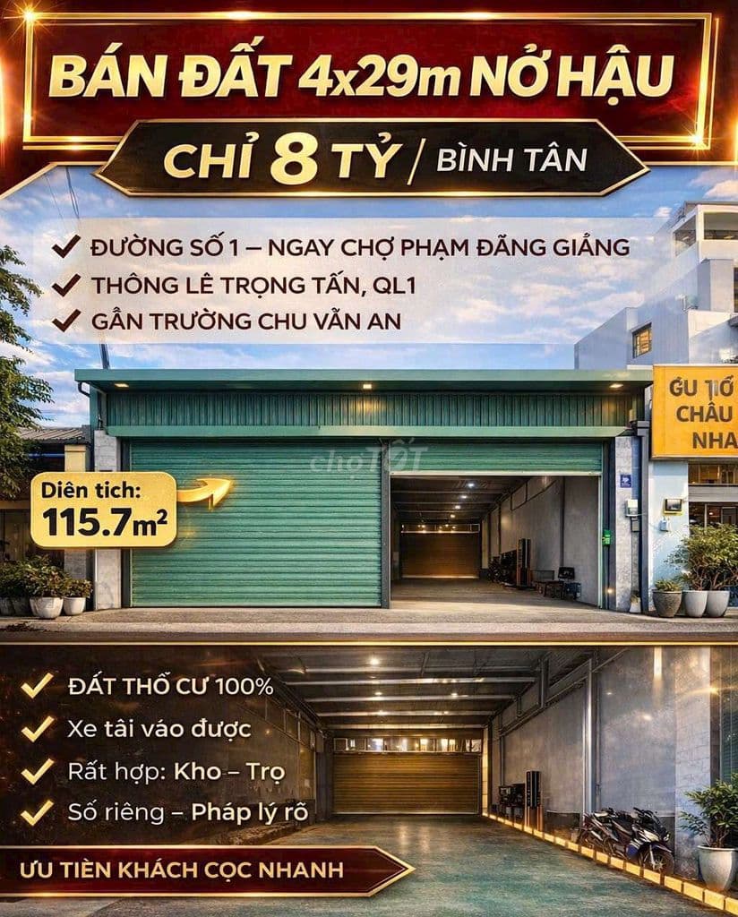 🔴Bán đất 4x29m nở hậu MTNB Đường Số 1, Bình Tân, gần chợ, giá 8 tỷ