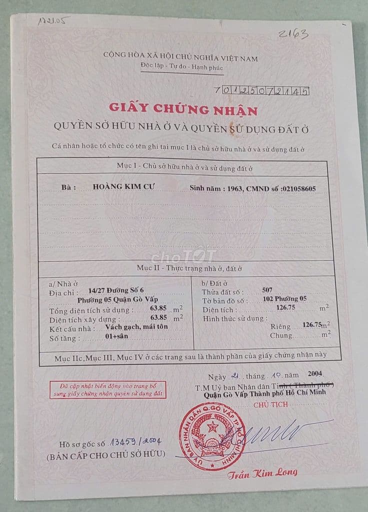 BÁN NHÀ CHÍNH CHỦ -DQH - P 5 - Q. GÒ VẤP - TP.HCM