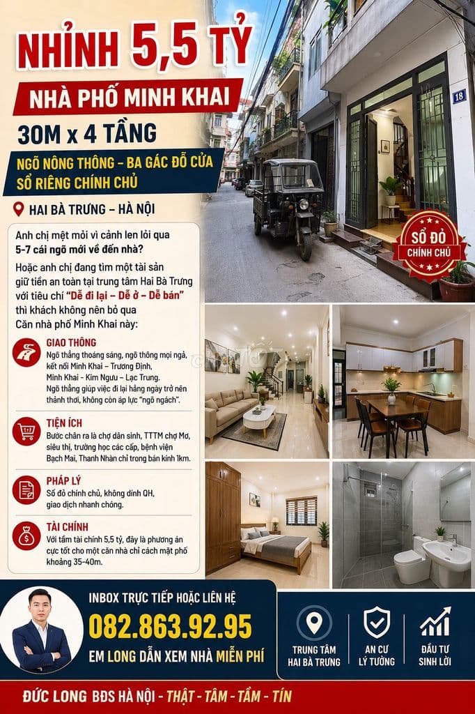 5,6 TỶ - NHÀ PHỐ MINH KHAI 30M x 4 TẦNG, MT RỘNG - NGÕ THÔNG