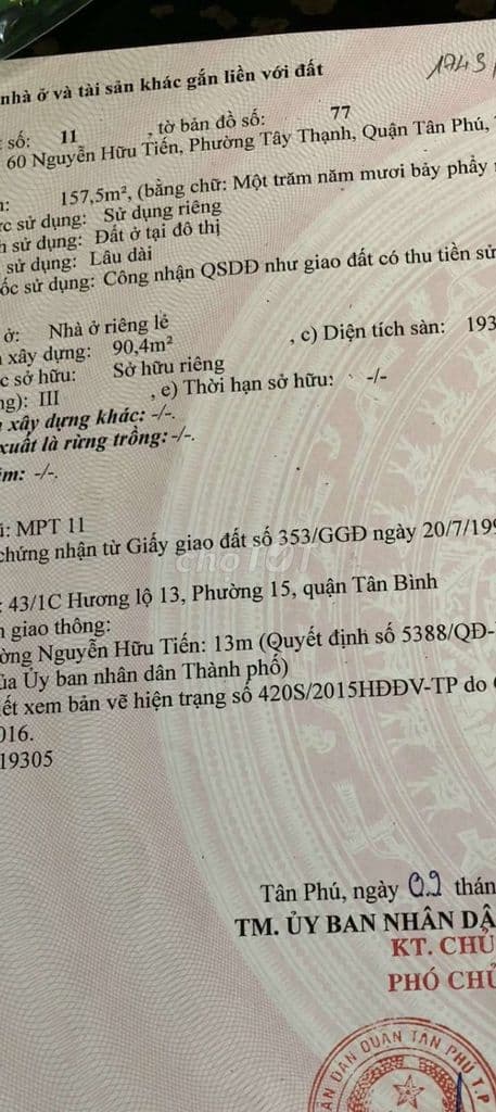 Cần bán nhà vị trí kinh doanh 60 Nguyễn Hữu Tiến Tân Phú