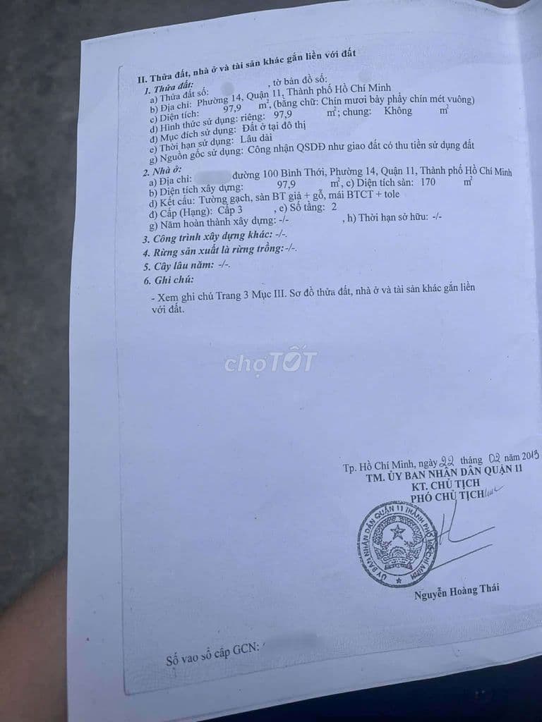 BÁN ĐẤT TẶNG NHÀ ĐƯỜNG BÌNH THỚI 2 TẦNG 100M2 HẺM XE HƠI NHỈNH 9TỶ