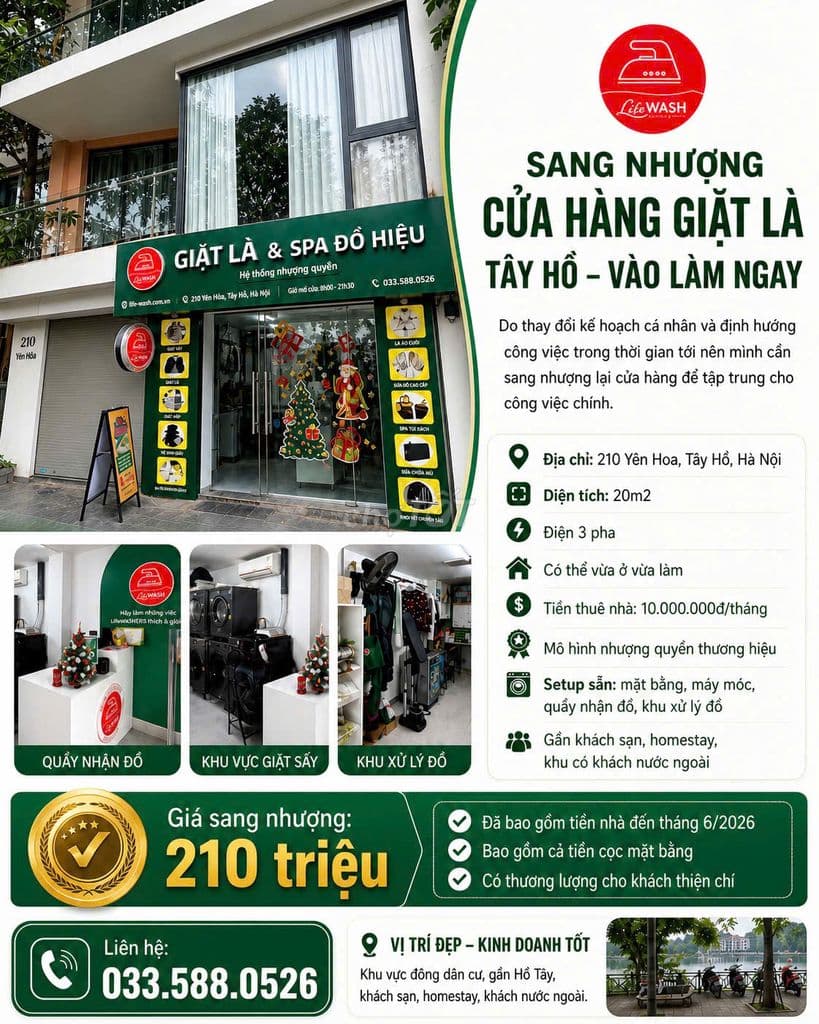 SANG NHƯỢNG CỬA HÀNG GIẶT LÀ TẠI PHƯỜNG YÊN PHỤ - TÂY HỒ - HÀ NỘI