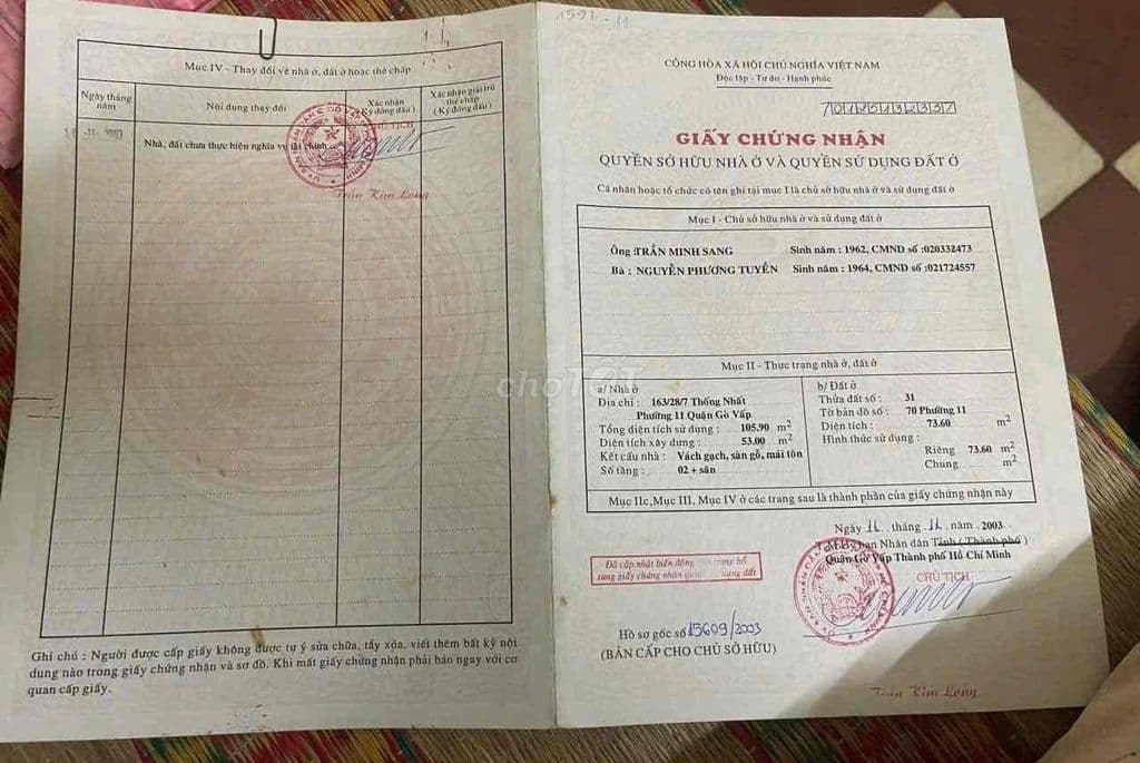 BÁN NHÀ CHÍNH CHỦ HẺM XE HƠI ĐỊA CHỈ: 373/1/196 THOKNGS NHẤT,P16,GV - Ảnh 3