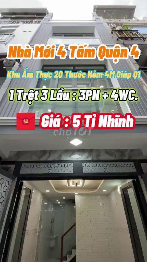 Nhà Q4 mới 4 tấm giáp Q1 hẻm 4m thông giá hơn 5 tỷ khu 20 Thước