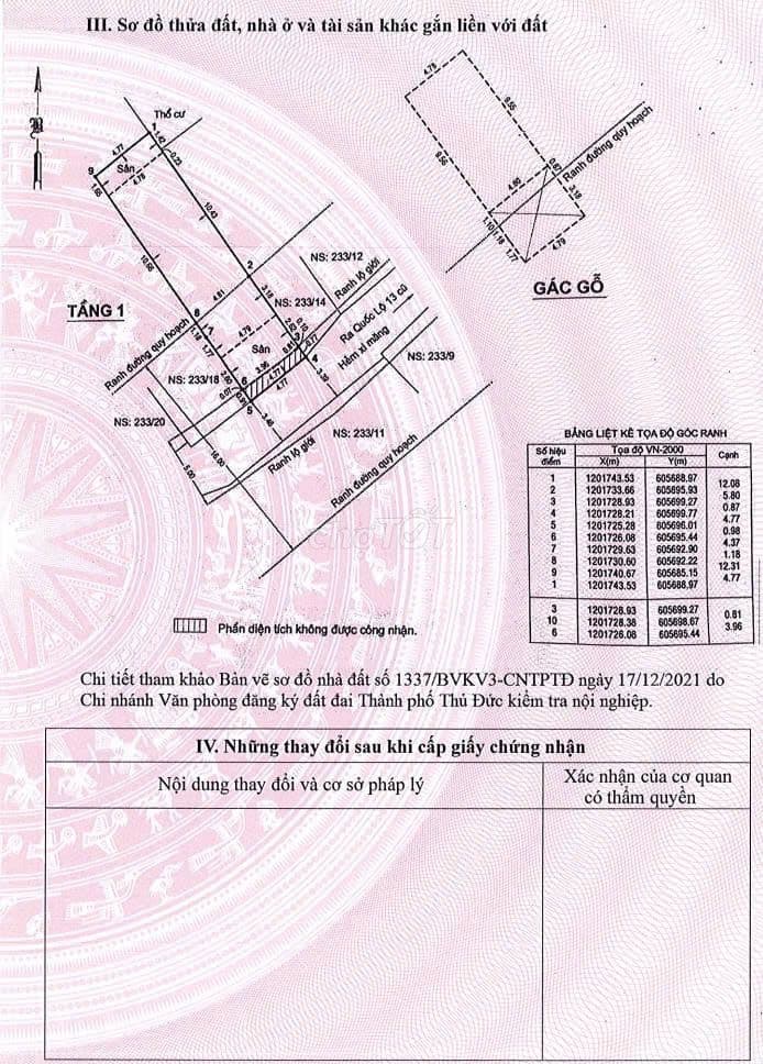 CẦN BÁN ĐẤT CHỈNH CHỦ HẼM 233 QUỐC LỘ 13 CŨ 86 MET GIÁ 6.25 TỶ