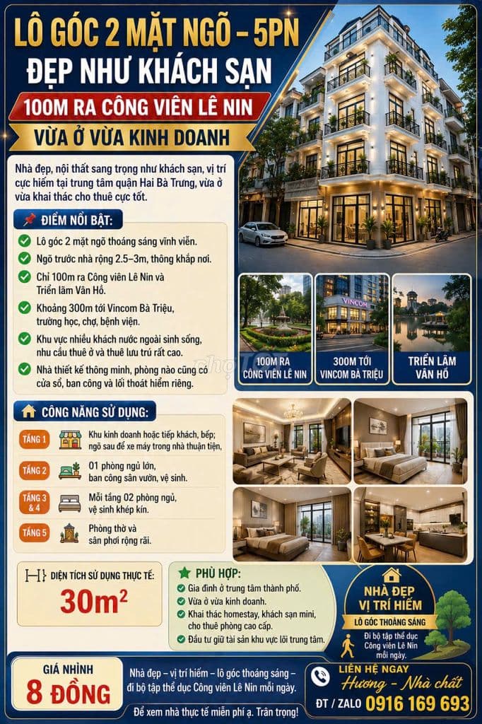 Lô góc 2 mặt ngõ - 5 PN đẹp như khách sạn - 100m ra công viên Lê Nin