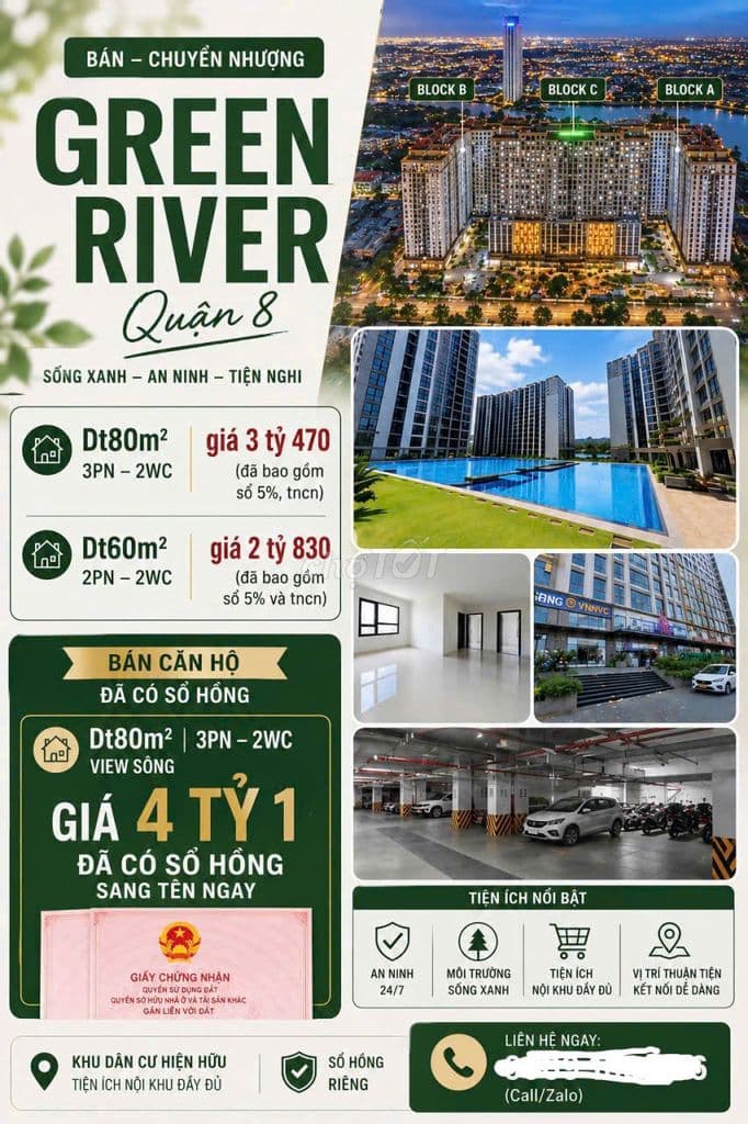 Chính chủ bán CH Green River Dt80m2/ 3PN giá 3tỷ230 view sông quận 8