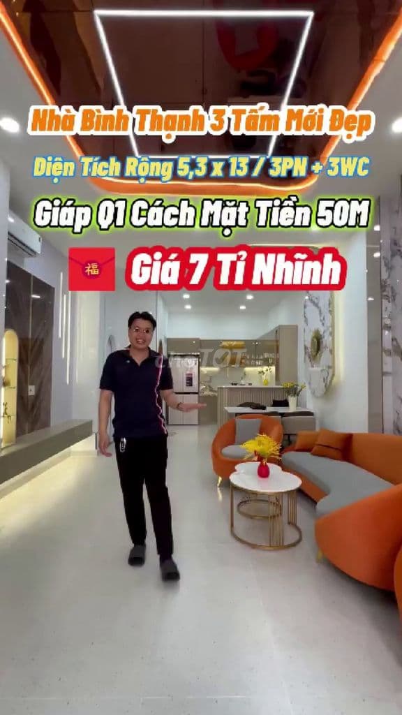 Bán nhà Bình Thạnh 3 tấm mới đẹp, 5.3x13m, giá 7 tỷ, giáp Q1 sổ riêng