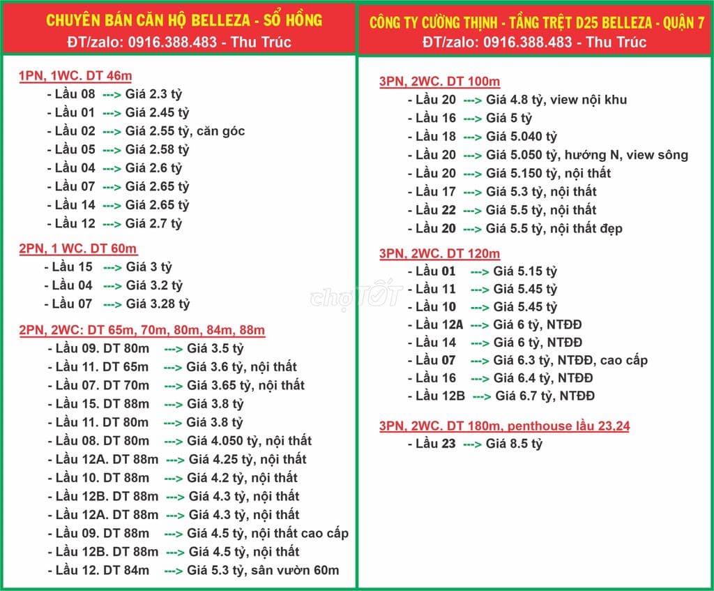 Chuyên bán căn hộ Belleza (1PN-2.3 tỷ);(2PN-3tỷ);(3PN - 4.86tỷ)