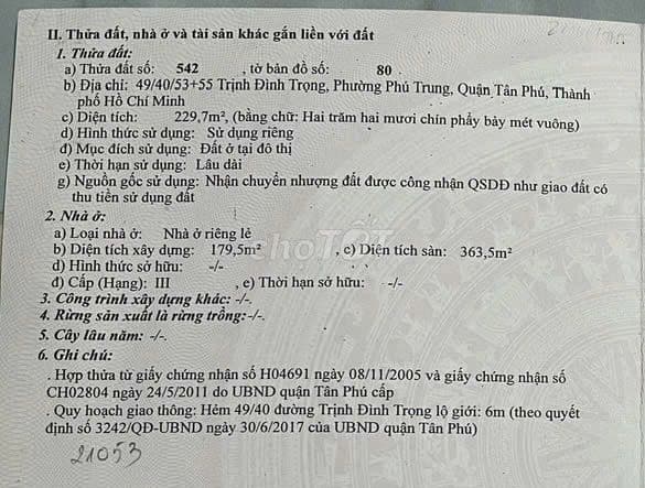 BÁN NHÀ HẺM Ô TÔ TRỊNH ĐÌNH TRỌNG 229 M2