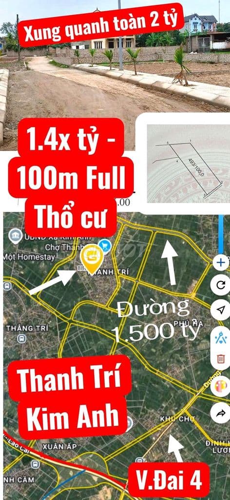 1.4x tỷ 100m Full thổ cư đất Thanh Trí KimAnh gầnđường 1.500ty KCNSạch