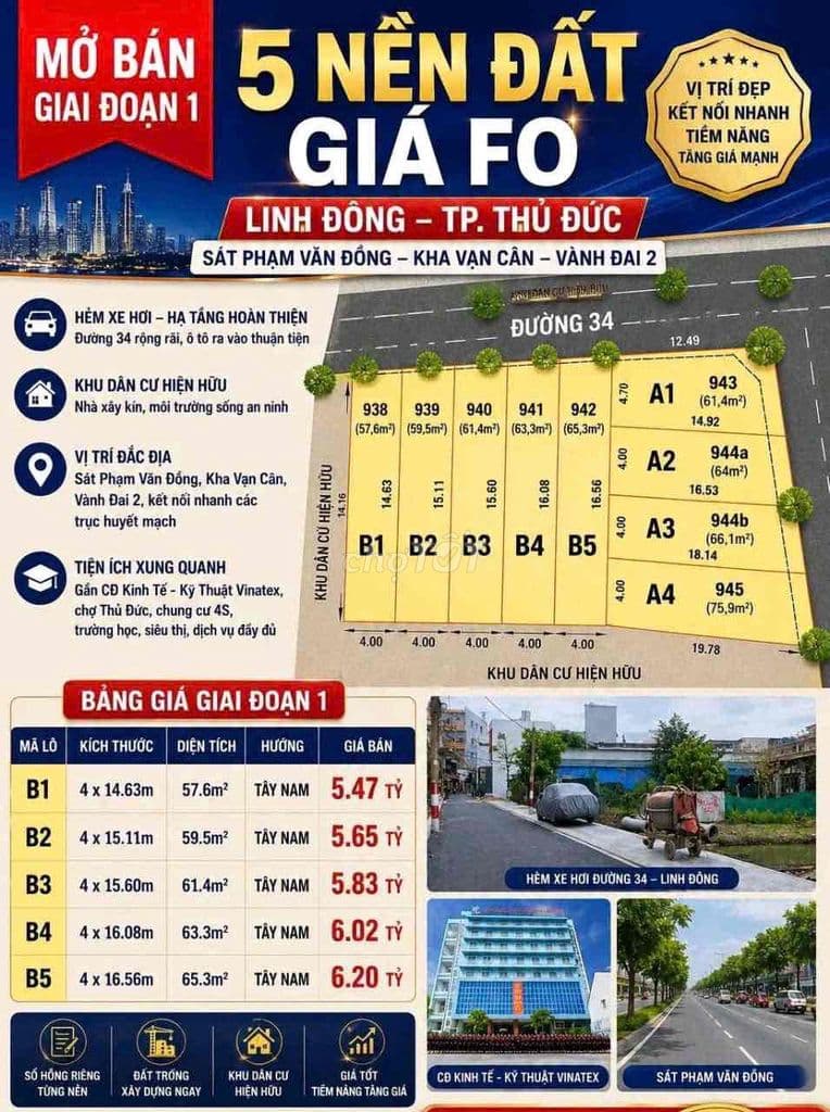 5 Nền Đường 34 linh Đông, HXT, DT 57,6m2, 5,47 tỷ