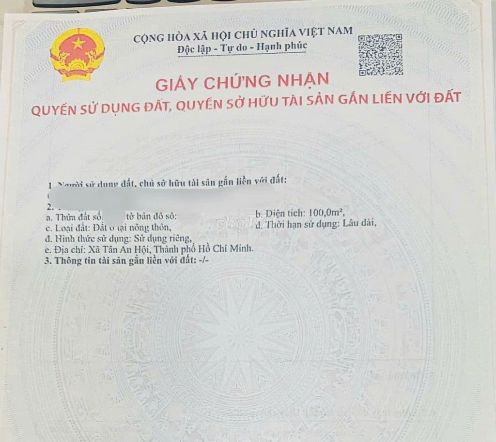 Đất SHR 100m2 Full thổ cư,Xây dựng tự do ngay Xã Tân An Hội Củ Chi
