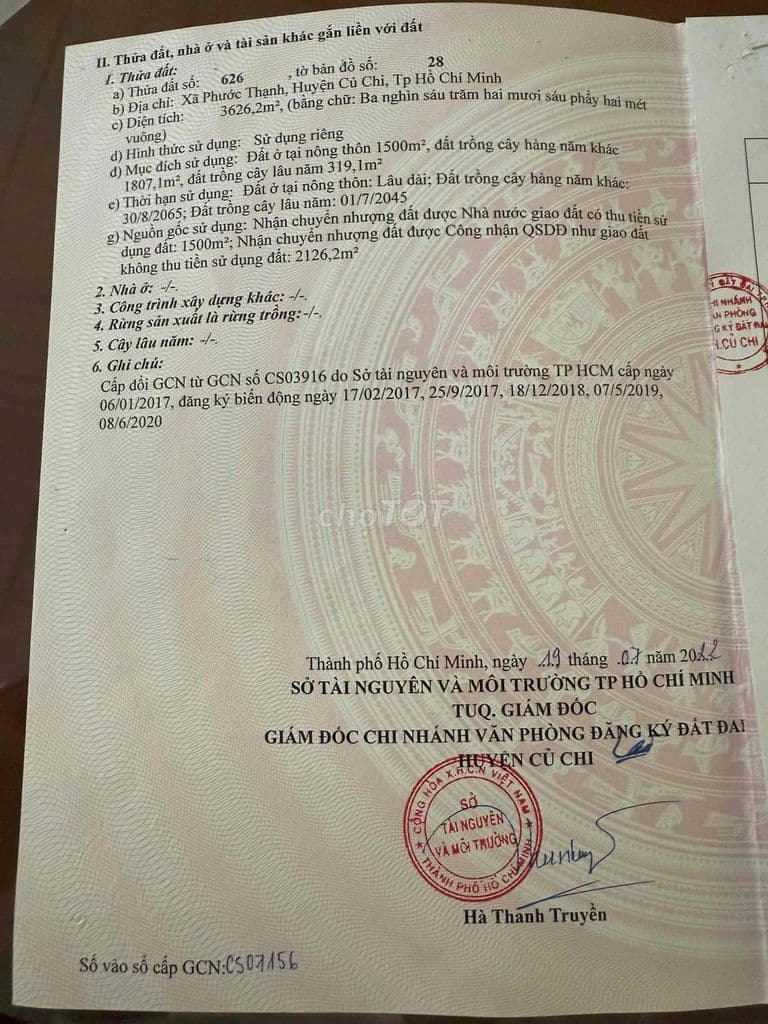 BÁN GẤP 3626 M2 ĐẤT THỔ CƯ PHƯỚC THẠNH CỦ CHI